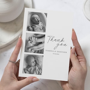 Zwart-witbedankkaart met foto, bewerkbare nieuwe babykaarten bedankje, bedankkaart nieuwe babymeisje foto, gepersonaliseerde bedankkaart
