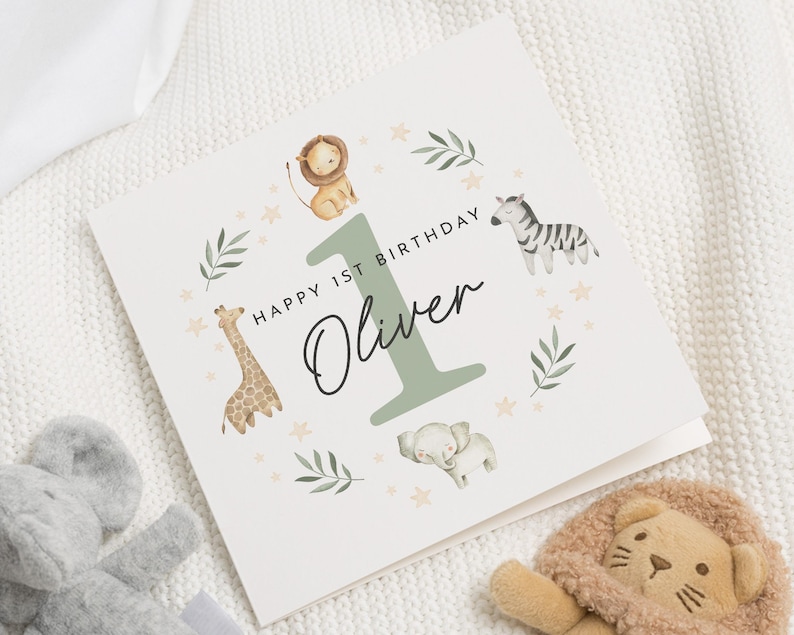 Carte 1er anniversaire animal pour garçon, carte 1er anniversaire de fils, cadeau spécial premier anniversaire pour petit-fils, carte de premier anniversaire, 1er anniversaire de neveu image 1