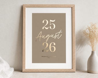 Personalised Gold Foil Wedding Date Print, Taupe Brown Wall Art, Anniversary Gift, Gift for Couple, Oak Framed Portrait Print