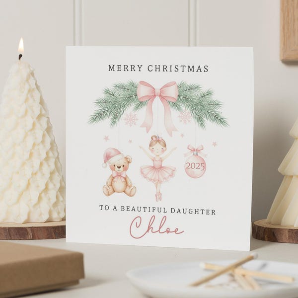 Christmas Card for Daughter, Personalised Daughter Christmas Card, Merry Christmas Card for Girl, Cute Ballerina Bear Card
