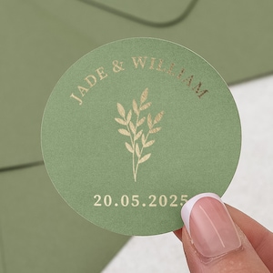 Personalisierter Hochzeitsaufkleber, Grün Goldfolie Name und Datum Aufkleber, Benutzerdefinierte Umschlag Aufkleber, Hochzeitsbevorzugung Etikett