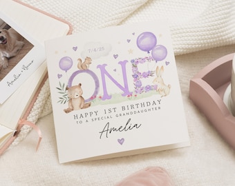 Biglietto di auguri per il primo compleanno della nipotina, biglietto di auguri personalizzato per il primo compleanno, biglietto di auguri con coniglietto e orsetto, biglietto di auguri speciale per la nipotina.