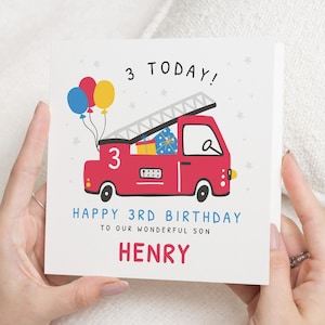 Carte personnalisée pour le 3e anniversaire de garçon, carte de 3e anniversaire de fils, cadeau de troisième anniversaire de camion de pompier pour petit garçon, cadeau de 3e anniversaire