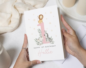 1st Birthday Card for Girl, First Birthday Card, Personalised Birthday Card for Daughter, Granddaughter, Niece, Safari Animal Card