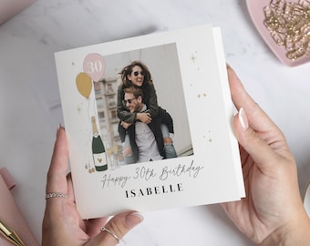 Tarjeta de cumpleaños número 30, tarjeta de cumpleaños personalizada con foto, tarjeta de cumpleaños para ella, tarjeta de cumpleaños número 30 para una amiga, tarjeta de cumpleaños con champán.