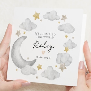 New Baby Card, Personalised Baby Card, Welcome To The World Card, Baby Girl Card, Baby Boy Card, Custom Baby Card, Cloud Moon Star Card