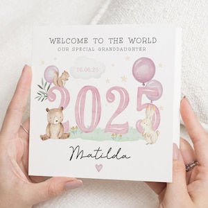 New Baby Card for Granddaughter, Personalised Baby Girl Card, Welcome to the World Card, 2025 Baby Card, Animal Card