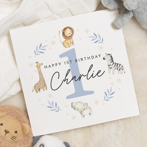 Carte de 1er anniversaire, carte d'anniversaire Safari personnalisée, carte d'anniversaire pour garçon, carte d'anniversaire pour fille, carte d'anniversaire animal mignon