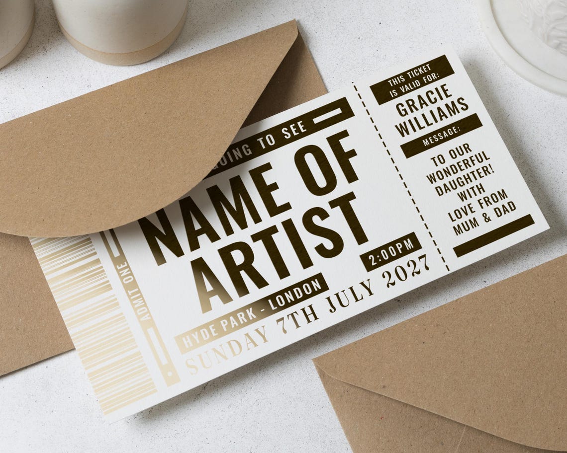Personalised Concert Ticket Gift Voucher, Custom Gold Foil Ticket, Gift ...