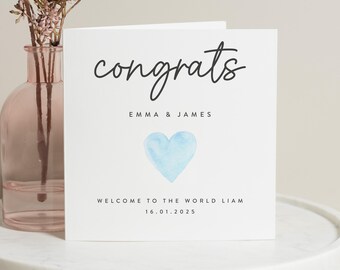 Congratulations New Parents, Personalised New Baby Boy Card, Welcome To The World Card, Blue Baby Card Personalised, Baby Shower Gift