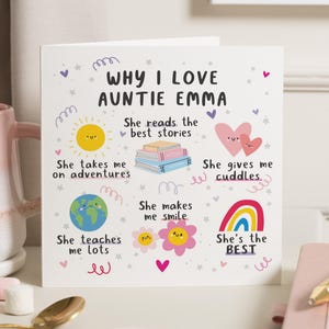 Cartão para tia, Cartão "Por que eu amo a tia", Cartão de aniversário para tia, Cartão personalizado para tia, Cartão fofo para ela, Cartão de aniversário para tia