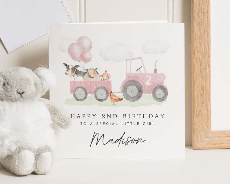 Carte de 2e anniversaire personnalisée pour fille, 2e anniversaire de basse-cour pour petite fille, cadeau de 2e anniversaire, carte de 2e anniversaire de fille, nièce image 1