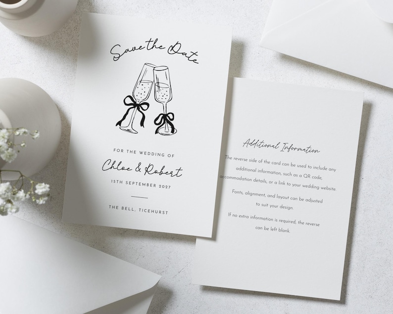 Save the Date Card, Personalised Save the Date, Wedding Save the Date Card, Simple Save the Date, Champagne Glasses, Custom Save the Date image 2