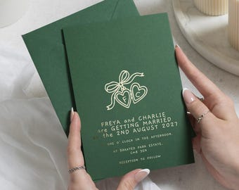 Gold Foil Wedding Invitations, Forest Green Wedding Invite, Heart Charm Invitation, Personalised Romantic Wedding Stationery