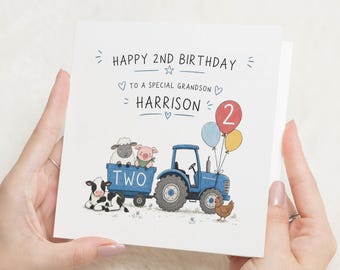 Geburtstagskarte zum 2. Geburtstag für den Enkel, personalisierte Geburtstagskarte für den Enkel, Geburtstagskarte mit Traktormotiv für Jungen, Karte zum 2. Geburtstag