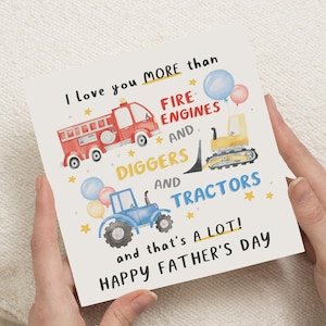 Carte de fête des pères de son fils, carte de tracteur de pelle de pompier, carte de fête des pères pour papa, jolie carte de fête des pères, carte de fête des pères pour enfants
