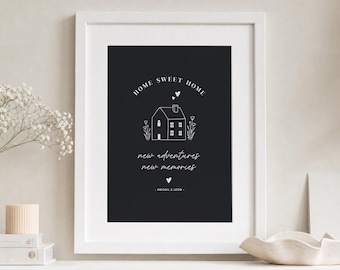 Personalised New Home Print, Black Wall Art, House Warming Gift, Home Sweet Home Print, First Home Gift, White Framed Print