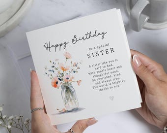 Verjaardagskaart voor zus, verjaardagskaart zus, verjaardagskaart voor haar, bloemen verjaardagskaart, gepersonaliseerde zus kaart, verjaardagskaart gedicht