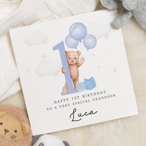 Cartão de 1º aniversário para neto, Cartão de aniversário personalizado para neto, Cartão de 1º aniversário de urso fofo, Cartão de primeiro aniversário para menino