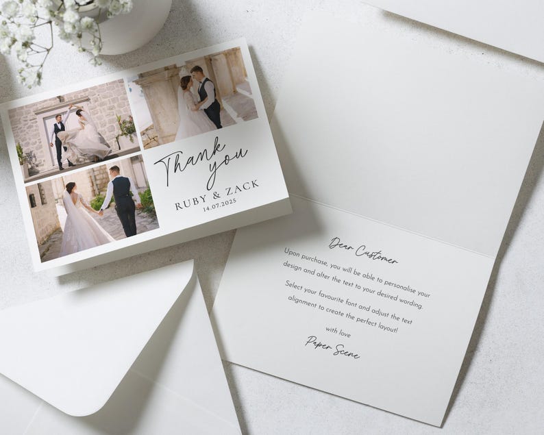 Cartes de remerciement personnalisées pour mariage avec photo, Cartes de remerciement pliées, Cartes de remerciement modernes pour mariage, Cartes de remerciement simples pour mariage image 2