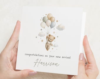 Personalised New Baby Card, New Baby Congratulations Card, New Arrival Card, Baby Boy Card, Baby Girl Card, Cute Bear Card
