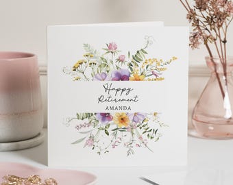 Retirement Card, Personalised Retirement Card, Floral Retirement Card, Retirement Card for Her, Happy Retirement Card, Custom Name Card