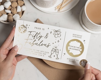 50th Birthday Gift Voucher for Her, Scratch to Reveal Cocktail Voucher, Personalised Birthday Surprise, Fifty and Fabulous Card