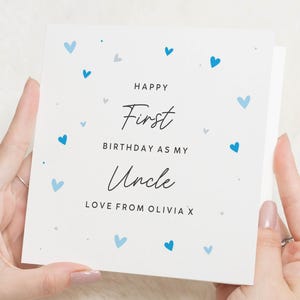 Kaart eerste verjaardag als mijn oom, verjaardagskaart voor oom, gepersonaliseerde oom verjaardagskaart, verjaardagskaart van nichtje, blauw hartkaart