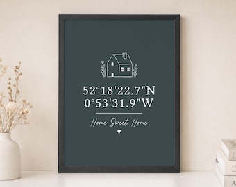 Personalised Coordinates Print, Dark Green Wall Art, New Home Gift, House Warming Gift, First Home Print, Black Framed Wall Art