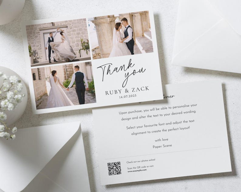 Cartes de remerciement personnalisées pour mariage avec photo, Cartes de remerciement pliées, Cartes de remerciement modernes pour mariage, Cartes de remerciement simples pour mariage image 3