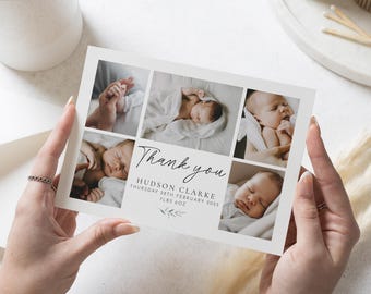 May include: Thank you card with a collage of four photos of a newborn baby. The card includes the baby's name, Hudson Clarke, birthdate, Thursday 28th February 2025, and weight, 7 lbs 6 oz.