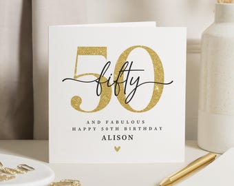50th Birthday Card, Personalised Birthday Card for Her, 50th Birthday Card for Women, Fabulous Birthday Card, Gold Glitter Card