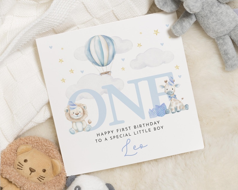 Carte 1er anniversaire animal pour garçon, carte 1er anniversaire de fils, cadeau spécial premier anniversaire pour petit-fils, carte de premier anniversaire, 1er anniversaire de neveu image 1
