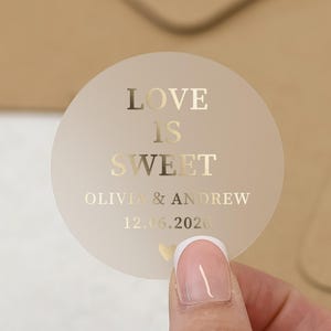 Love Is Sweet Wedding Sticker, Personalised Sweet Bag Sticker, Gold Foil Wedding Label, Custom Wedding Favour Sticker