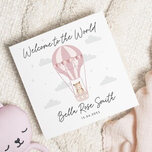New Baby Card, Welcome To The World Card, Personalised Baby Girl Card, Baby Shower Card, Cute Bear Card, Custom Name Card