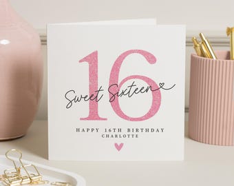 16th Birthday Card, Sweet Sixteen Birthday Card, Personalised Birthday Card for Girl, Birthday Card for Daughter, Pink Glitter Card