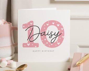 Carte personnalisée 10e anniversaire pour fille, carte 10e anniversaire fille, carte dixième anniversaire rose, cadeau 10e anniversaire, nièce, petite-fille