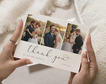 May include: A wedding thank you card with a white background and black text. The card features three photos of a bride and groom. The text on the card reads "Thank you" and "Mr. and Mrs. Morgan" with the date "17.06.2025".