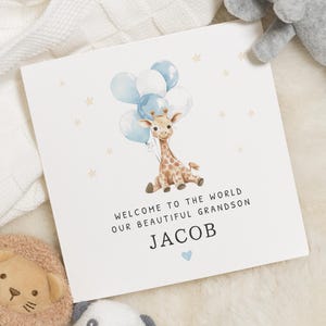 Cartão de bebê para neto, cartão personalizado para bebê menino, cartão de girafa, cartão de boas-vindas ao mundo, cartão fofo para neto