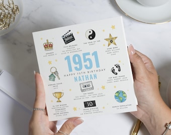 1951 Birthday Card, 75th Birthday Card for Him, Personalised Card, Birthday Card for Dad, Grandad, Husband, Milestone Birthday Card