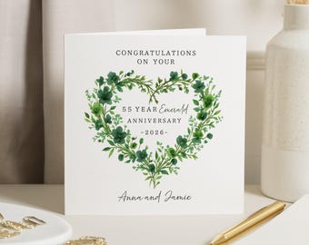 Emerald verjaardagskaart, 55e huwelijksverjaardag kaart, gepersonaliseerde jubileumkaart, aangepaste 55-jarige kaart, bloemen jubileumkaart