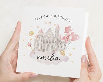 4th Birthday Card for Girl, Personalised Princess Castle Card, Birthday Card for Daughter, 4th Birthday Card for Granddaughter
