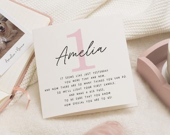 Cartão de aniversário de 1 ano para menina, Cartão de primeiro aniversário personalizado para menina, Cartão de aniversário de 1 ano para menina, Presente de aniversário de 1 ano para menina