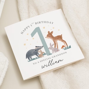 Woodland 1. Geburtstagskarte für Jungen, personalisierte 1. Geburtstagskarte für Enkel, Enkel erste Geburtstagsgeschenk für Jungen, erste Geburtstagskarte