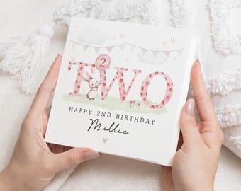 2nd Birthday Card for Girl, Personalised Bunny Birthday Card, Birthday Card for Daughter, Cute Second Birthday Card, Two Years Old Card
