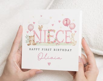 1st Birthday Card for Niece, First Birthday Card for Girl, Personalised Birthday Card, Cute Woodland Animal Birthday Card