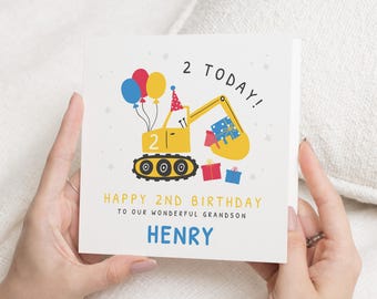 Personalised 2nd Birthday Card For Grandson, Boy 2nd Birthday Card, Digger Second Birthday Gift For Little Boy, 2nd Birthday Gift, Nephew