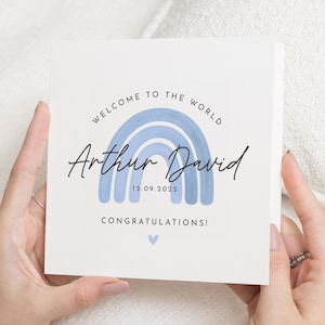 Nieuwe babykaart, gepersonaliseerde babykaart, Welcome To The World-kaart, kaart babyjongen, regenboogkaart, kaart gefeliciteerd, aangepaste naamkaart