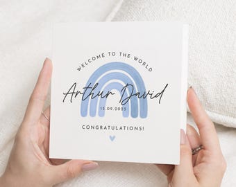 Carte de naissance, carte de bébé personnalisée, carte de bienvenue dans le monde, carte de bébé garçon, carte arc-en-ciel, carte de félicitations, carte de visite personnalisée