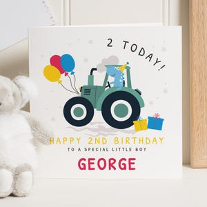 Biglietto di auguri per il 2° compleanno di un bambino, biglietto di auguri con trattore, biglietto di auguri personalizzato per un figlio, biglietto di auguri per un nipote, simpatico biglietto con animale